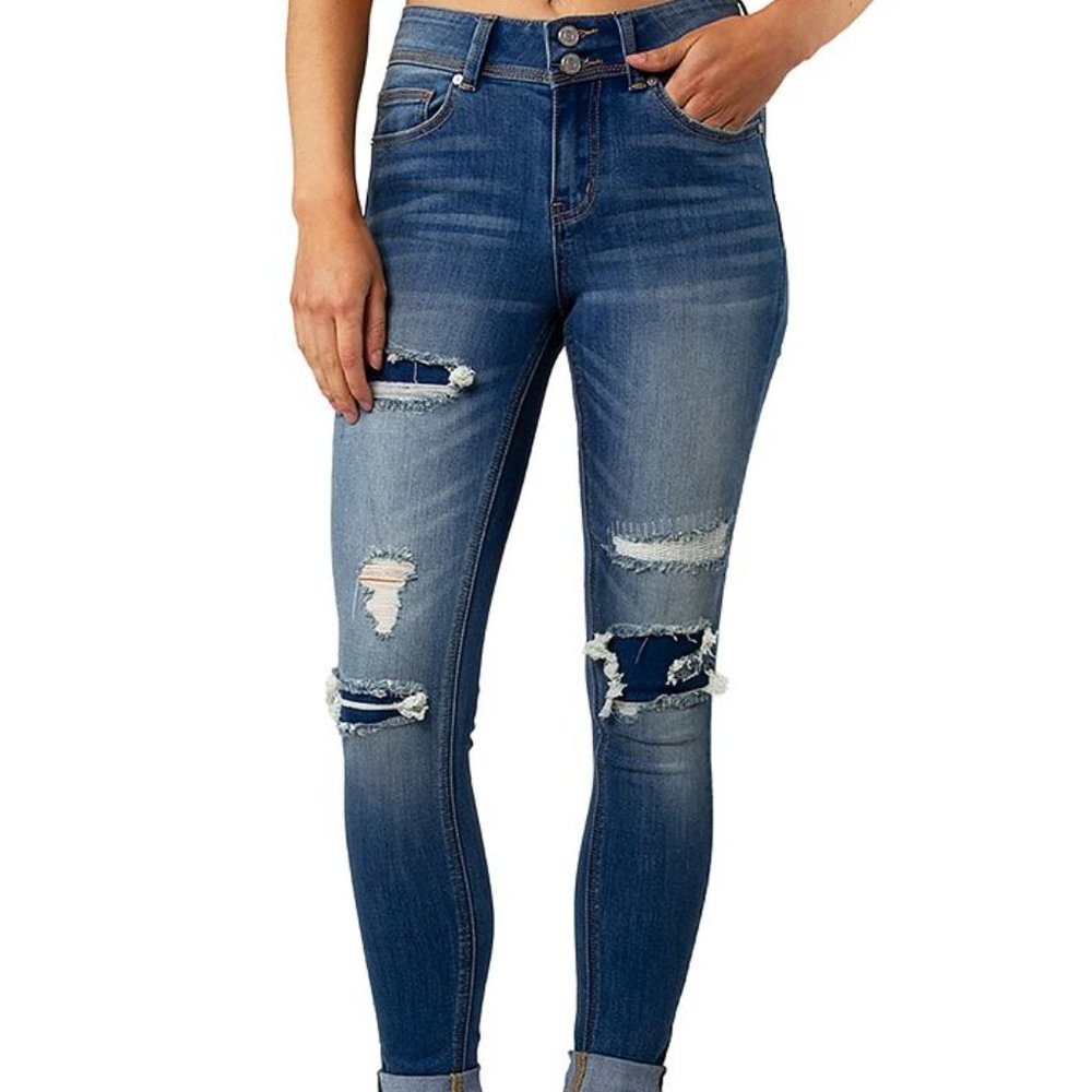 Junior's Size 7 Indigo Rein Medium Wash Skinny Distressed Jeans w/ Dark Patches